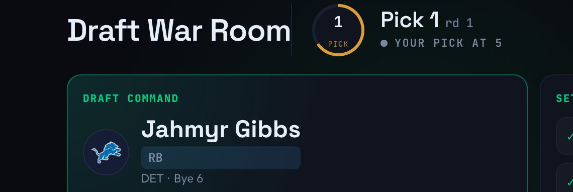 Top of the NovaPredict Draft War Room showing the pick clock, recommendation tabs, and first player cards.